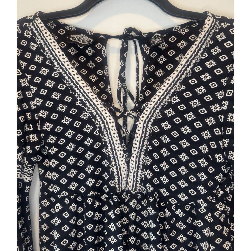 Womens Black White Bell Sleeve Mini Dress Large Boho Peasant Hippie Festival - Picture 2 of 9
